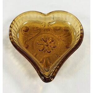 Vintage Indiana Glass Amber Tiara Daisy Heart Dish Jewelry Ring Tray Ashtray 70s